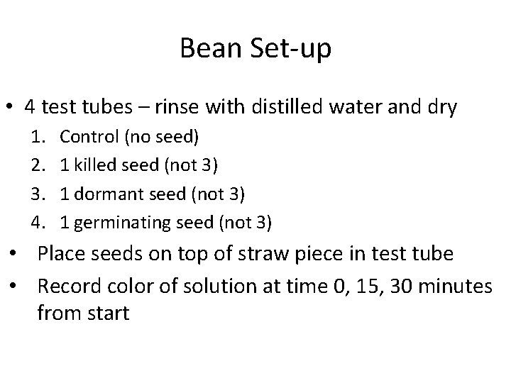 Bean Set-up • 4 test tubes – rinse with distilled water and dry 1.