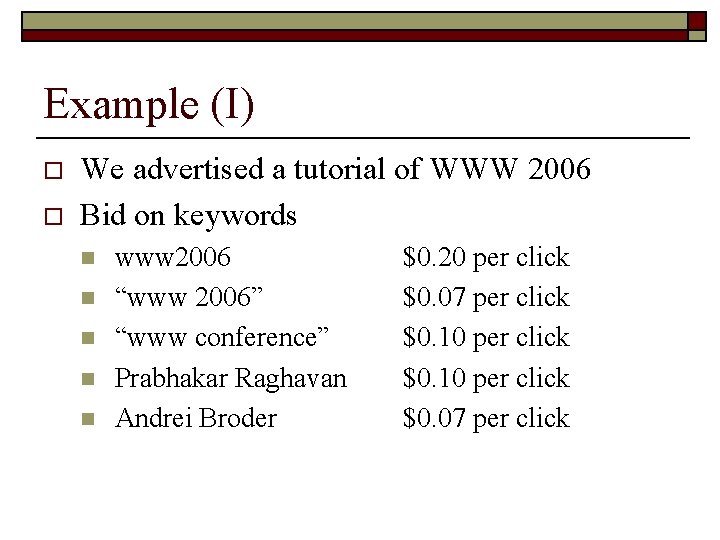 Example (I) o o We advertised a tutorial of WWW 2006 Bid on keywords