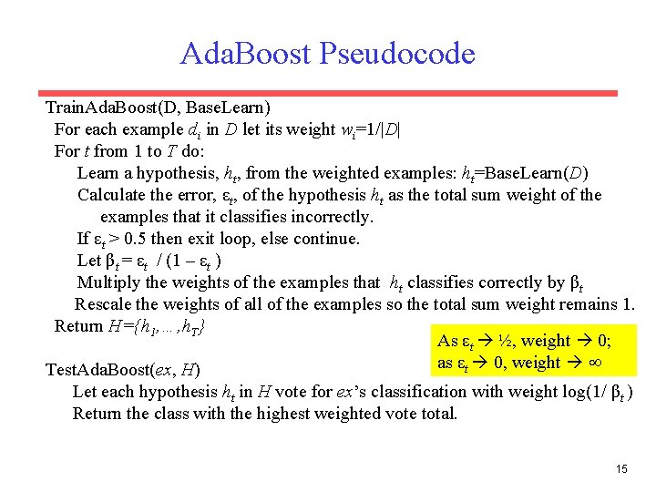 Ada. Boost Pseudocode Train. Ada. Boost(D, Base. Learn) For each example di in D