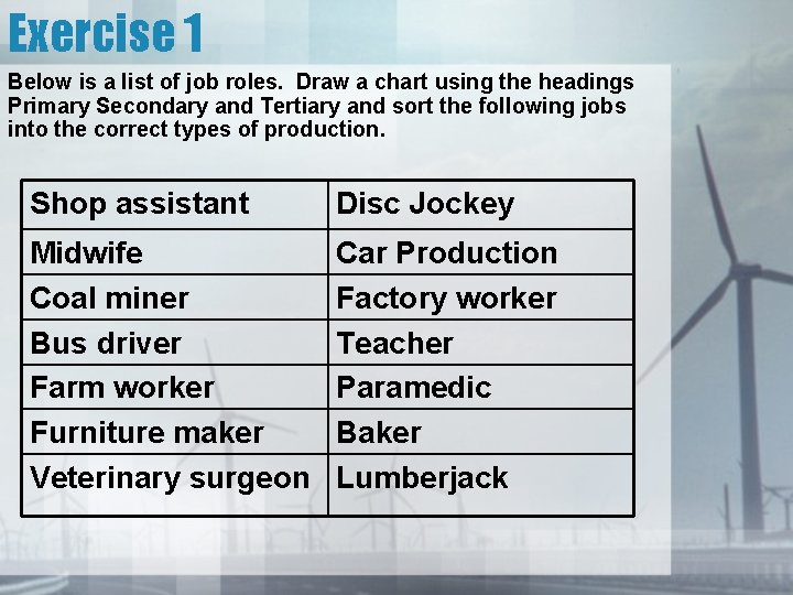Exercise 1 Below is a list of job roles. Draw a chart using the