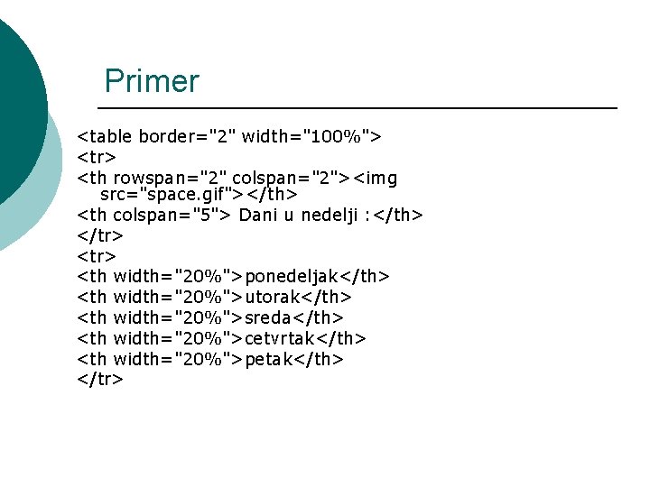 Primer <table border="2" width="100%"> <tr> <th rowspan="2" colspan="2"><img src="space. gif"></th> <th colspan="5"> Dani u