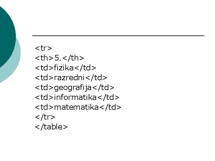 <tr> <th>5. </th> <td>fizika</td> <td>razredni</td> <td>geografija</td> <td>informatika</td> <td>matematika</td> </tr> </table> 