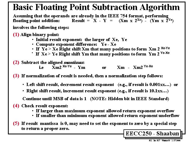 Basic Floating Point Subtraction Algorithm Assuming that the operands are already in the IEEE