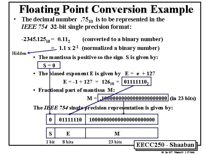 Floating Point Conversion Example • The decimal number. 7510 is to be represented in