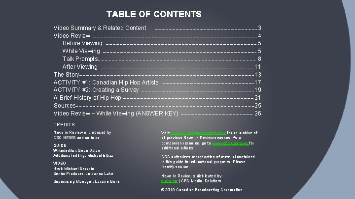 TABLE OF CONTENTS Video Summary & Related Content Video Review Before Viewing While Viewing