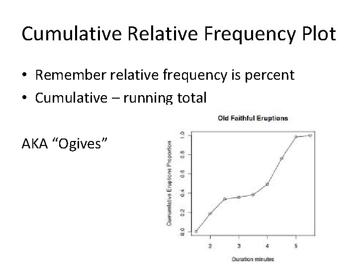 Cumulative Relative Frequency Plot • Remember relative frequency is percent • Cumulative – running