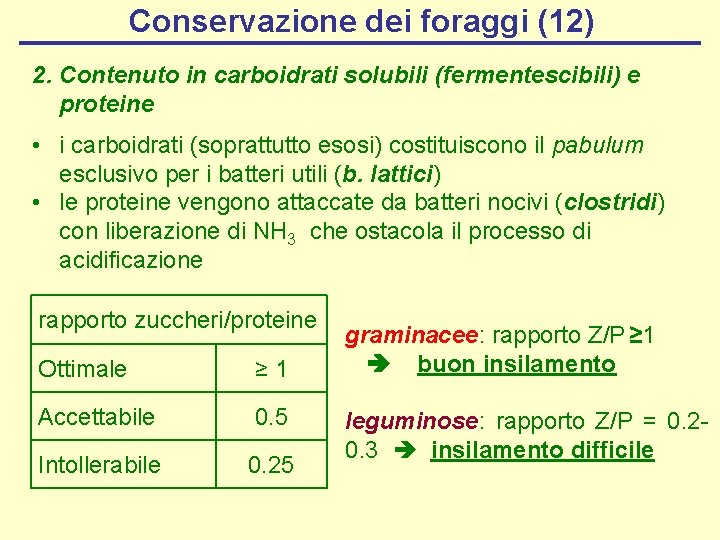 Conservazione dei foraggi (12) 2. Contenuto in carboidrati solubili (fermentescibili) e proteine • i