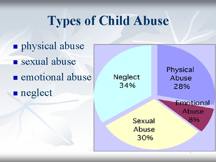 Types of Child Abuse physical abuse n sexual abuse n emotional abuse n neglect