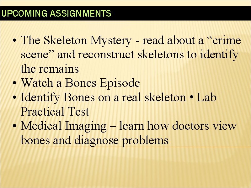 UPCOMING ASSIGNMENTS • The Skeleton Mystery - read about a “crime scene” and reconstruct