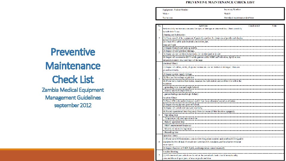 Preventive Maintenance Check List Zambia Medical Equipment Management Guidelines september 2012 Preventive maintenance and