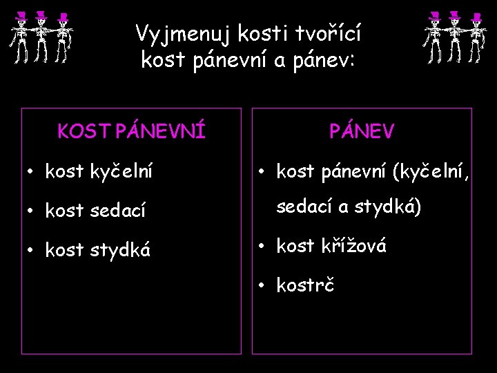 Vyjmenuj kosti tvořící kost pánevní a pánev: KOST PÁNEVNÍ • kost kyčelní • kost