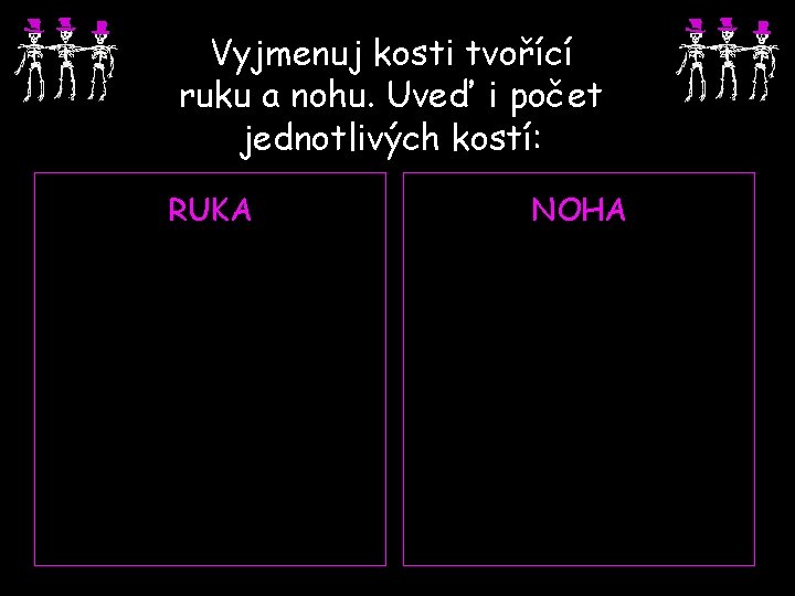 Vyjmenuj kosti tvořící ruku a nohu. Uveď i počet jednotlivých kostí: RUKA NOHA 