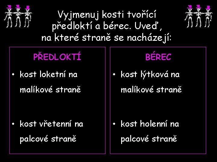 Vyjmenuj kosti tvořící předloktí a bérec. Uveď, na které straně se nacházejí: PŘEDLOKTÍ •