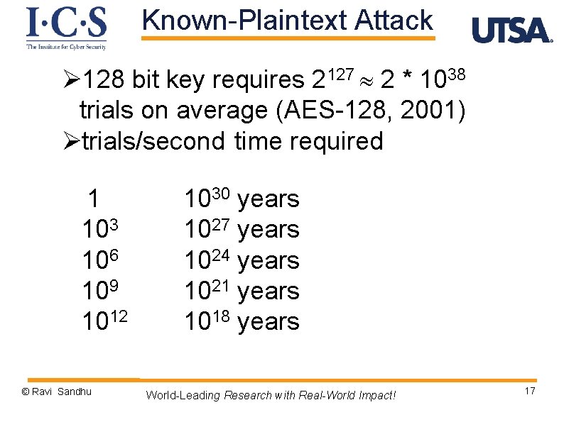 Known-Plaintext Attack Ø 128 bit key requires 2127 2 * 1038 trials on average