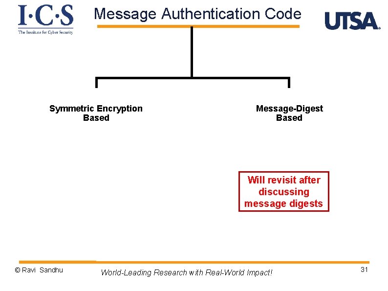 Message Authentication Code Symmetric Encryption Based Message-Digest Based Will revisit after discussing message digests