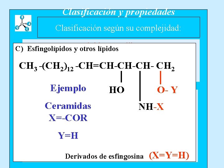 Clasificación y propiedades Clasificación según su complejidad: Lípidos sencillos C) Esfingolípidos y otros lípidos