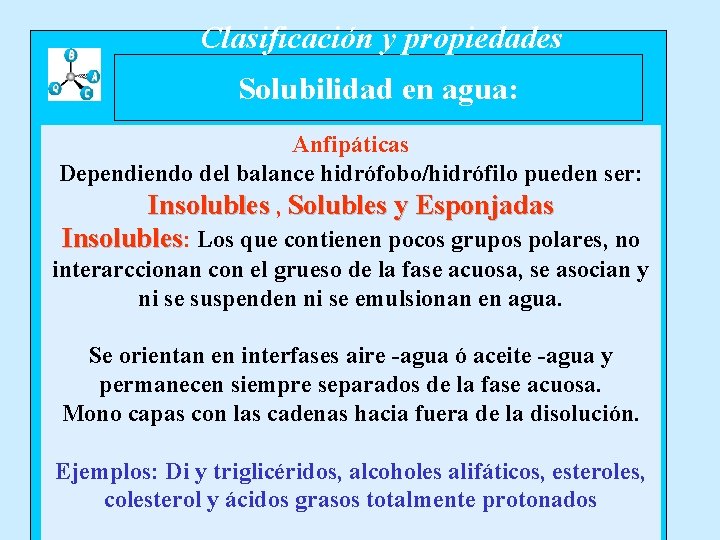 Clasificación y propiedades Solubilidad en agua: Anfipáticas Dependiendo del balance hidrófobo/hidrófilo pueden ser: Insolubles