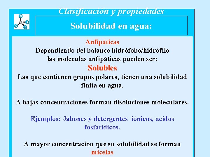 Clasificación y propiedades Solubilidad en agua: Anfipáticas Dependiendo del balance hidrófobo/hidrófilo las moléculas anfipáticas