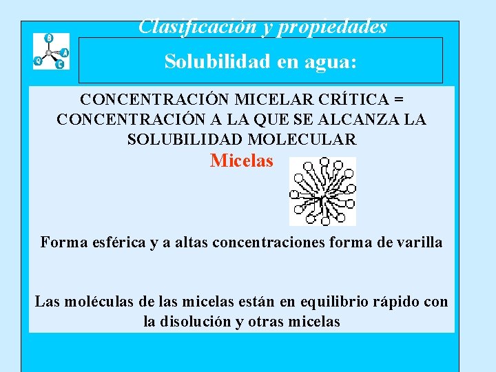 Clasificación y propiedades Solubilidad en agua: CONCENTRACIÓN MICELAR CRÍTICA = CONCENTRACIÓN A LA QUE