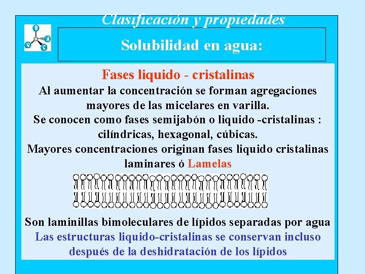 Clasificación y propiedades Solubilidad en agua: Fases liquido - cristalinas Al aumentar la concentración