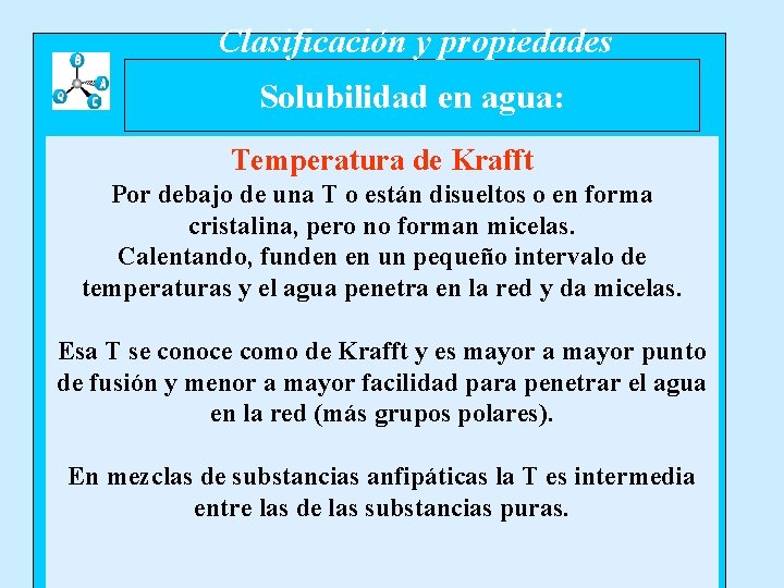 Clasificación y propiedades Solubilidad en agua: Temperatura de Krafft Por debajo de una T