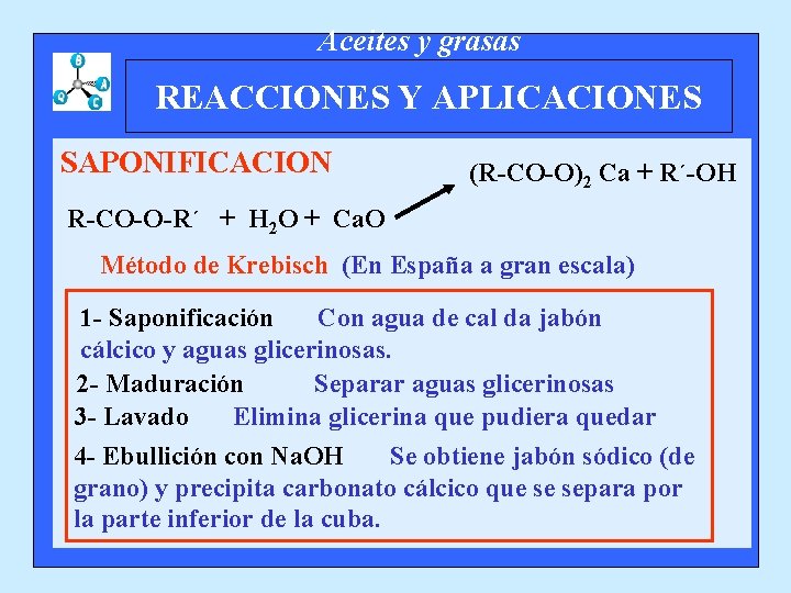 Aceites y grasas REACCIONES Y APLICACIONES SAPONIFICACION (R-CO-O)2 Ca + R´-OH R-CO-O-R´ + H