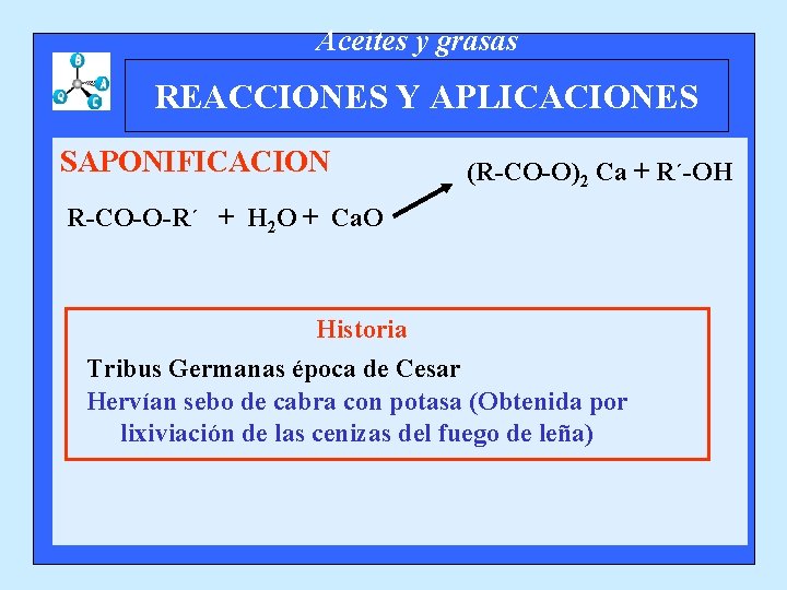 Aceites y grasas REACCIONES Y APLICACIONES SAPONIFICACION (R-CO-O)2 Ca + R´-OH R-CO-O-R´ + H