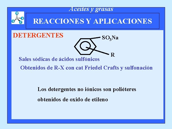 Aceites y grasas REACCIONES Y APLICACIONES DETERGENTES SO 3 Na Sales sódicas de ácidos