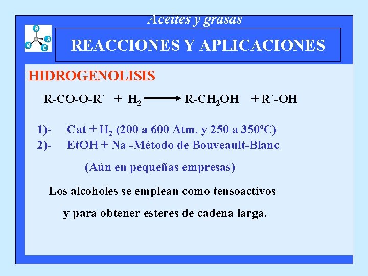 Aceites y grasas REACCIONES Y APLICACIONES HIDROGENOLISIS R-CO-O-R´ + H 2 1)2)- R-CH 2