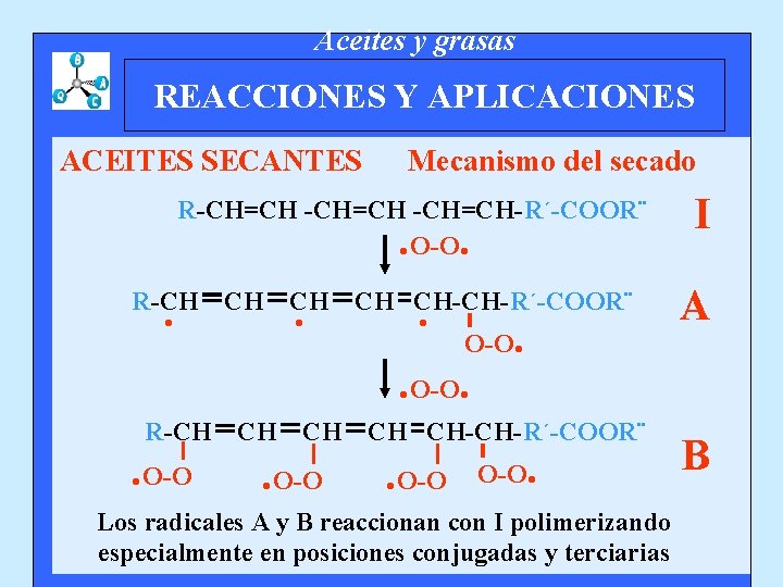 Aceites y grasas REACCIONES Y APLICACIONES ACEITES SECANTES Mecanismo del secado R-CH=CH-R´-COOR¨ O-O .