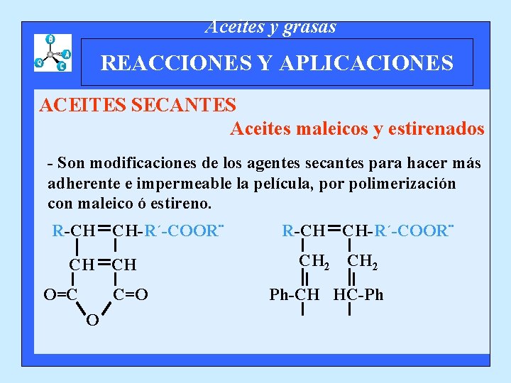 Aceites y grasas REACCIONES Y APLICACIONES ACEITES SECANTES Aceites maleicos y estirenados - Son