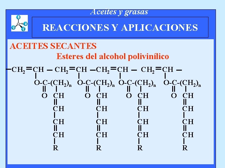 Aceites y grasas REACCIONES Y APLICACIONES ACEITES SECANTES Esteres del alcohol polivinílico CH 2