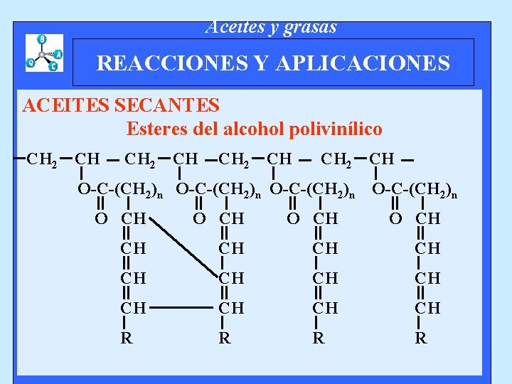 Aceites y grasas REACCIONES Y APLICACIONES ACEITES SECANTES Esteres del alcohol polivinílico CH 2