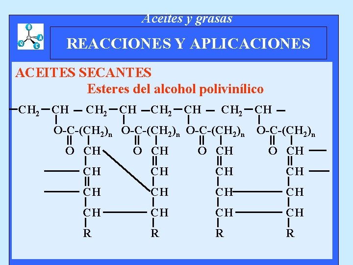 Aceites y grasas REACCIONES Y APLICACIONES ACEITES SECANTES Esteres del alcohol polivinílico CH 2