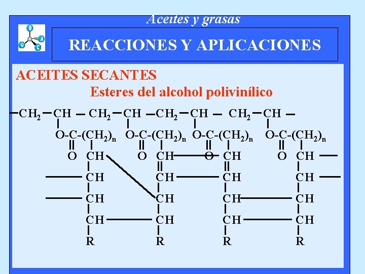 Aceites y grasas REACCIONES Y APLICACIONES ACEITES SECANTES Esteres del alcohol polivinílico CH 2