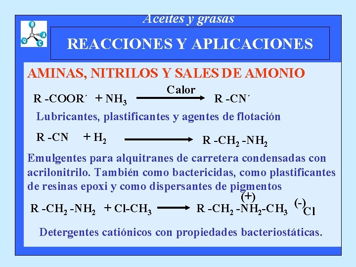Aceites y grasas REACCIONES Y APLICACIONES AMINAS, NITRILOS Y SALES DE AMONIO Calor R