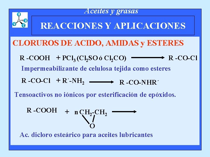 Aceites y grasas REACCIONES Y APLICACIONES CLORUROS DE ACIDO, AMIDAS y ESTERES R -COOH