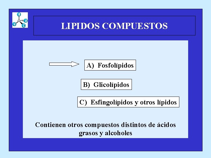 LIPIDOS COMPUESTOS A) Fosfolípidos B) Glicolípidos C) Esfingolípidos y otros lípidos Contienen otros compuestos