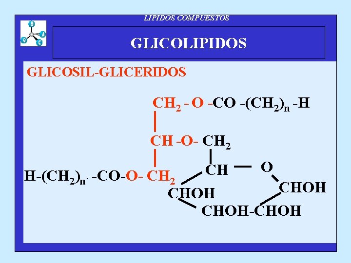 LIPIDOS COMPUESTOS GLICOLIPIDOS GLICOSIL-GLICERIDOS CH 2 - O -CO -(CH 2)n -H CH -O-