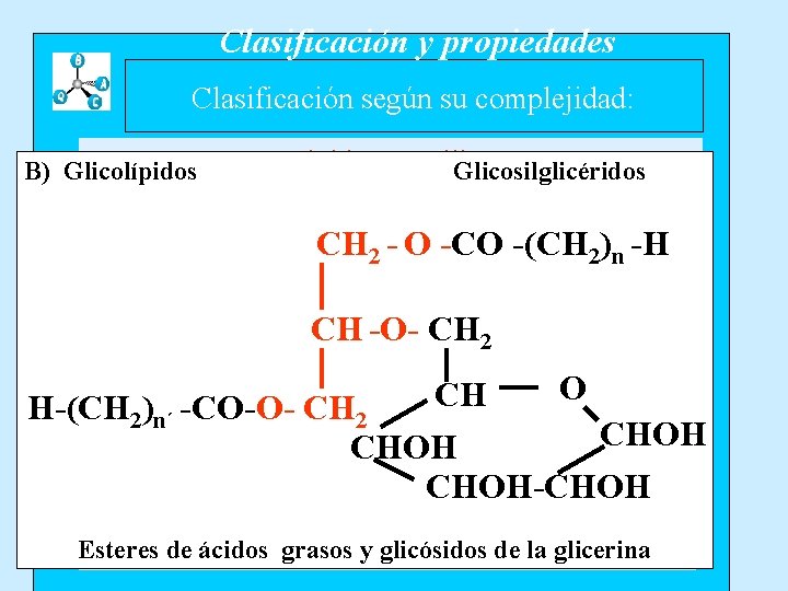 Clasificación y propiedades Clasificación según su complejidad: B) Glicolípidos Lípidos sencillos Glicosilglicéridos A) Glicéridos