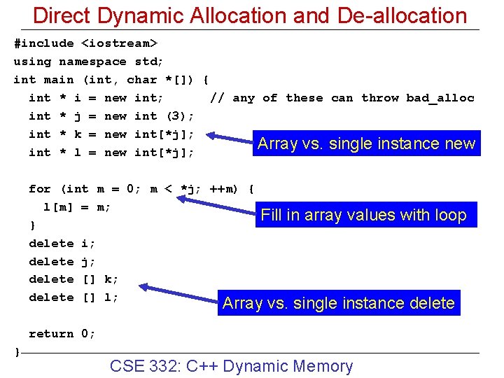 Direct Dynamic Allocation and De-allocation #include <iostream> using namespace std; int main (int, char