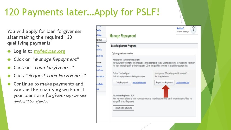 120 Payments later…Apply for PSLF! You will apply for loan forgiveness after making the