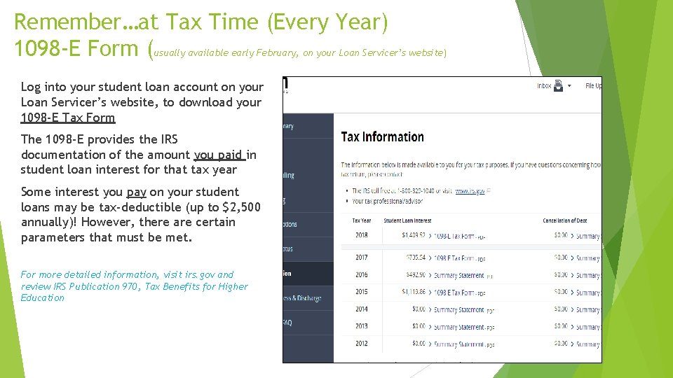 Remember…at Tax Time (Every Year) 1098 -E Form (usually available early February, on your