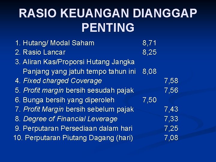 RASIO KEUANGAN DIANGGAP PENTING 1. Hutang/ Modal Saham 2. Rasio Lancar 3. Aliran Kas/Proporsi