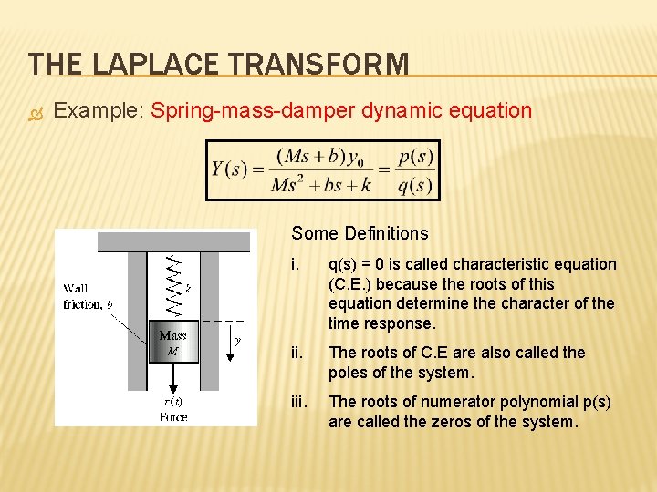 THE LAPLACE TRANSFORM Example: Spring-mass-damper dynamic equation Some Definitions i. q(s) = 0 is