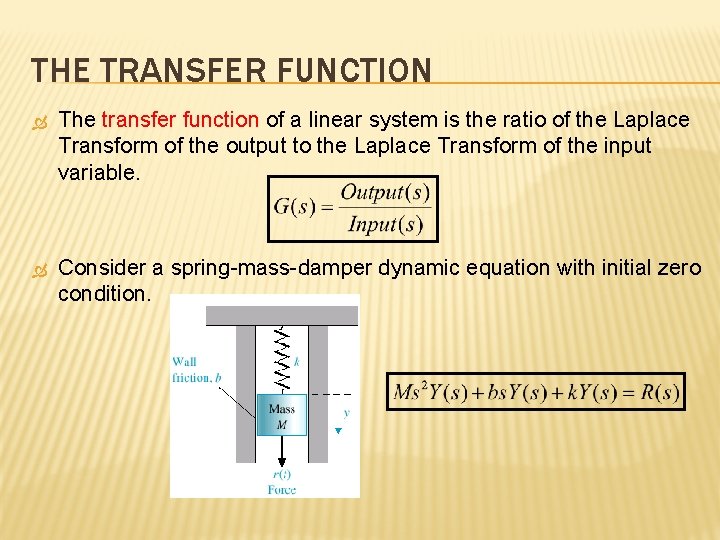 THE TRANSFER FUNCTION The transfer function of a linear system is the ratio of THE TRANSFER FUNCTION The transfer function of a linear system is the ratio of