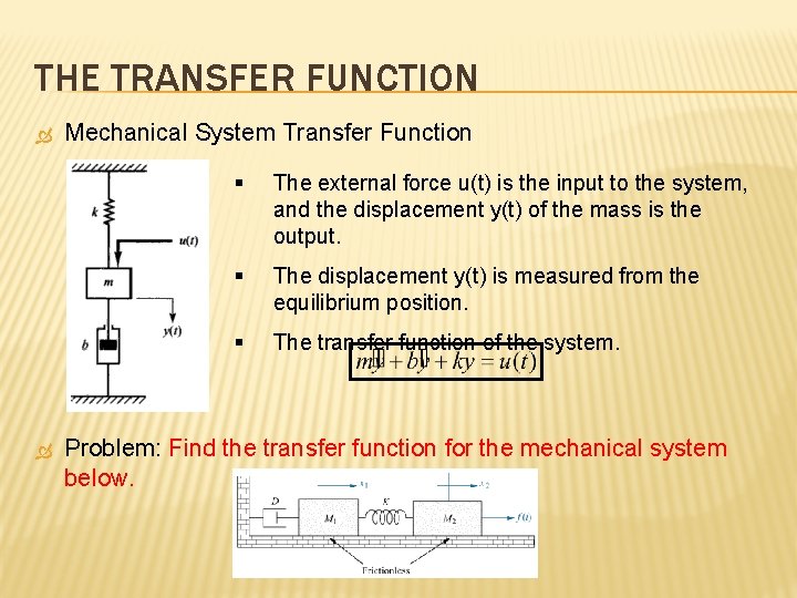 THE TRANSFER FUNCTION Mechanical System Transfer Function § The external force u(t) is the