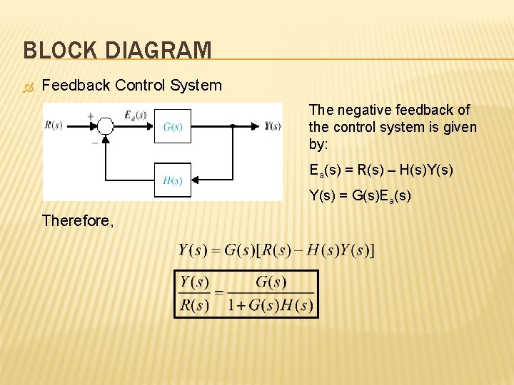 BLOCK DIAGRAM Feedback Control System The negative feedback of the control system is given