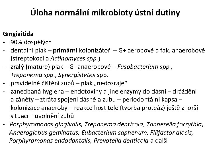 Úloha normální mikrobioty ústní dutiny Gingivitida - 90% dospělých - dentální plak – primární