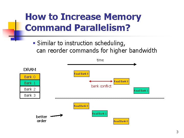 How to Increase Memory Command Parallelism? § Similar to instruction scheduling, can reorder commands